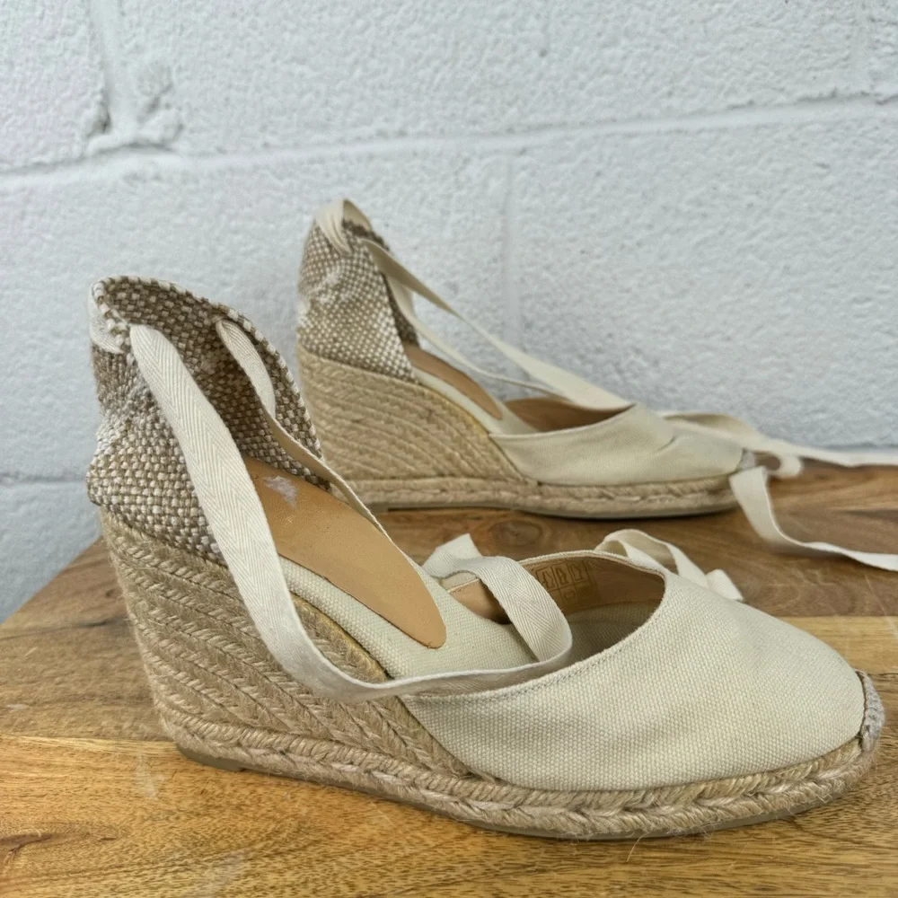 Castañer Canvas Lace-Up Espadrille Wedge Shoes EU 37 Ivory Made in Spain